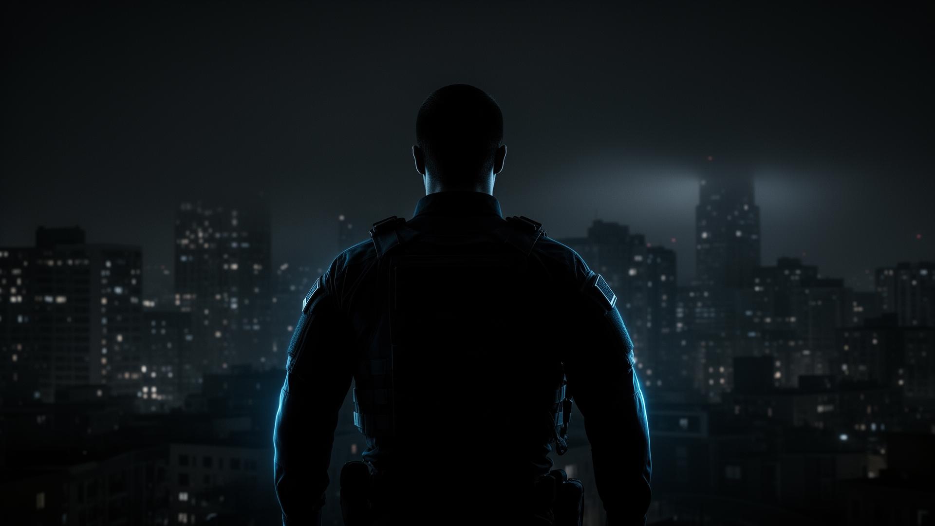 Security professional surveying the city skyline at night